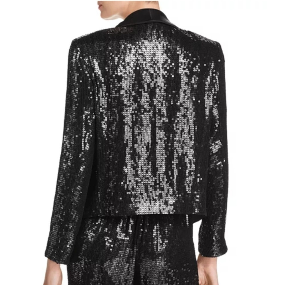 Alice + Olivia Black Warren Sequined Open Blazer Jacket Black Satin Collar Open - Picture 2 of 15